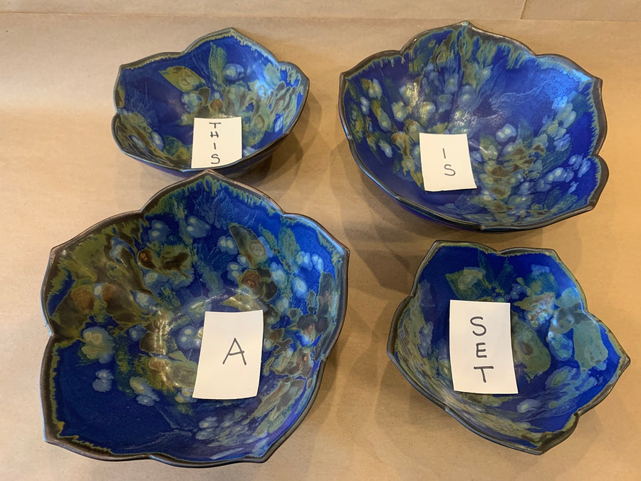 Set of 4 Lotus Edge Bowls w/ Blue Glaze