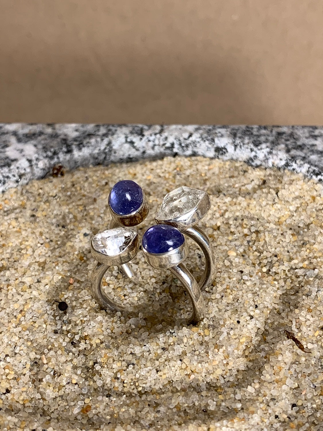 Silver, Tanzanite and Herkimer Diamond Ring SZ 7.5