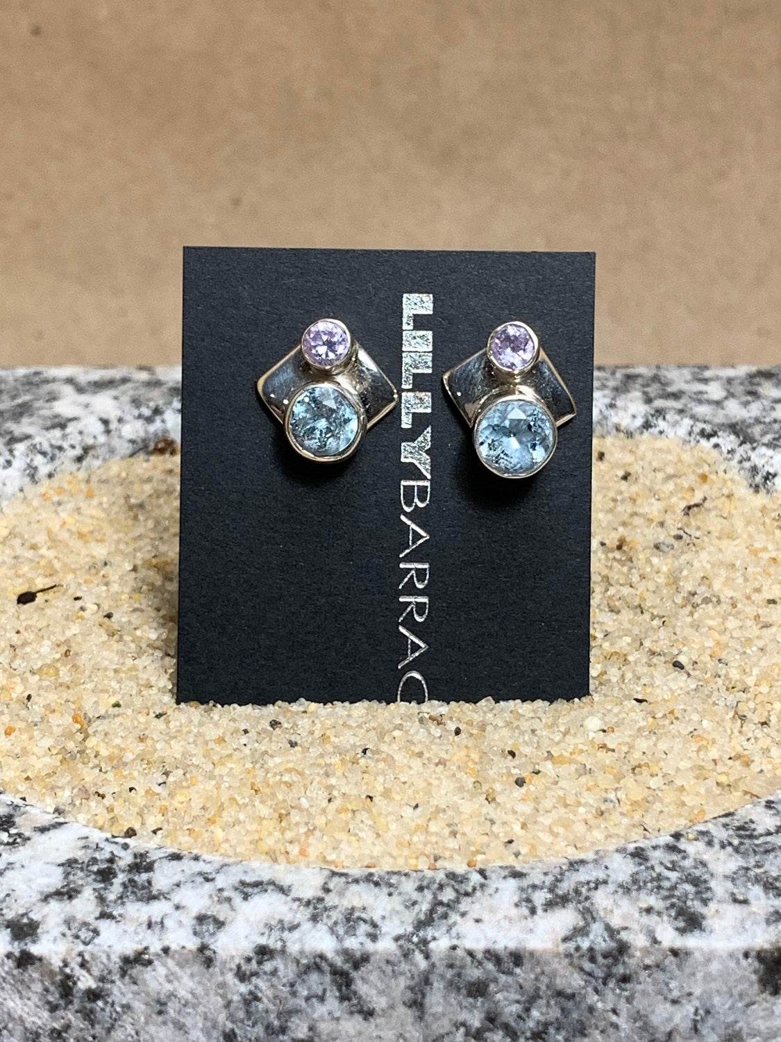 Sterling Silver, Amethyst and Aqua CZ Post Earrings