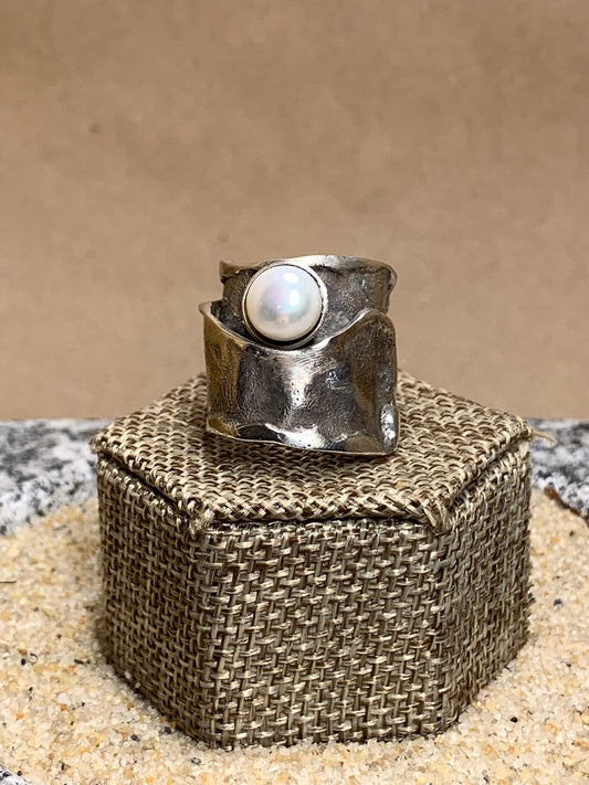 Reticulated Silver Ring w/ Pearl SZ 6.5