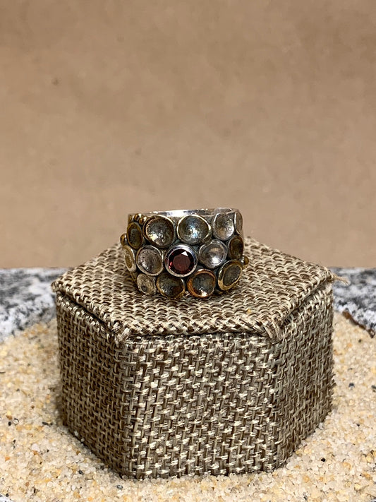 Silver 12MM Pod Ring w/ Garnet Brass and Copper Accents SZ 7.25