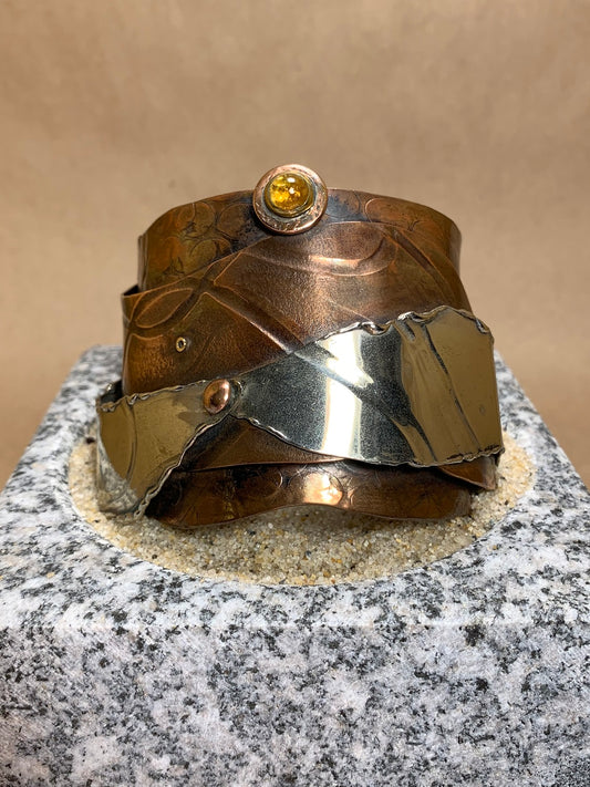 Copper and Silver Cuff with Amber Stone